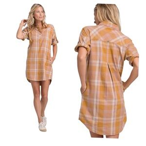 PRANA Deryn Plaid Popover Short Sleeve Shirt Dress • Large • yellow, pink, white